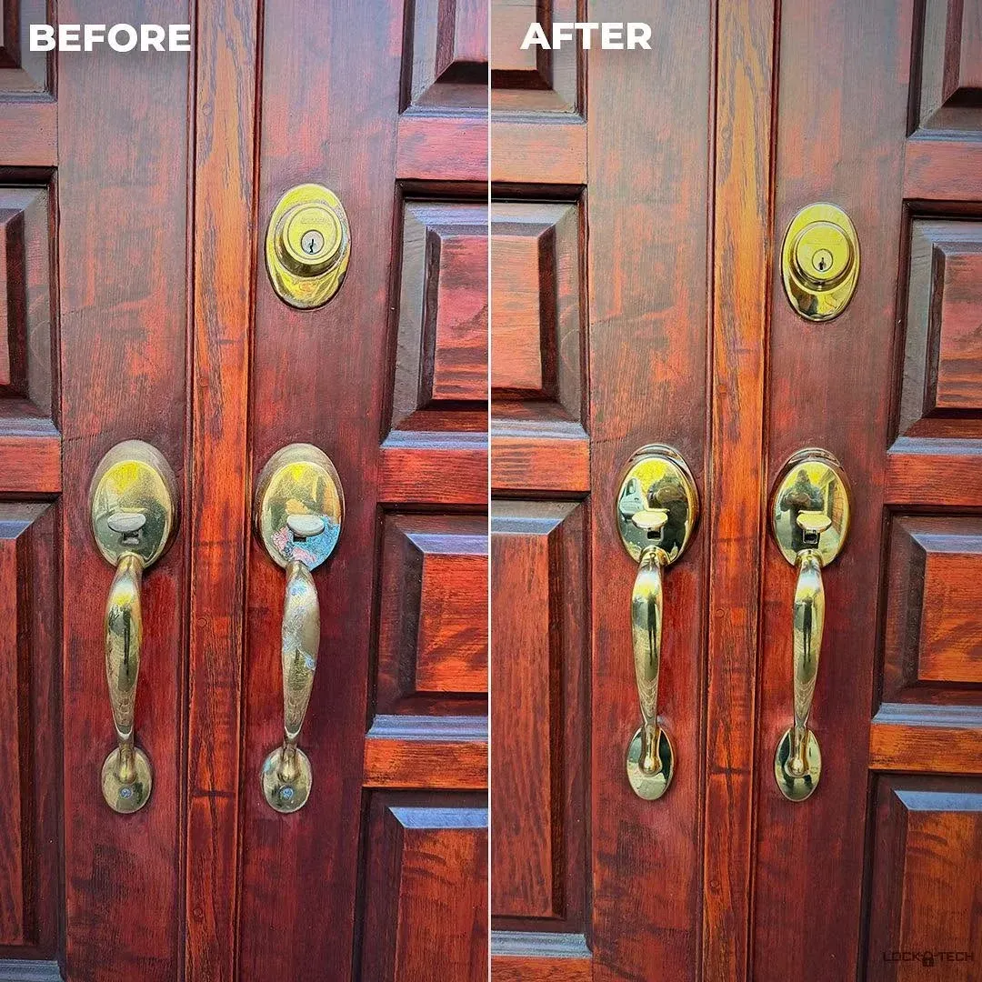 Before and after of a worn brass handleset and deadbolt on a mahogany front door, polished and rekeyed by Lock-Tech