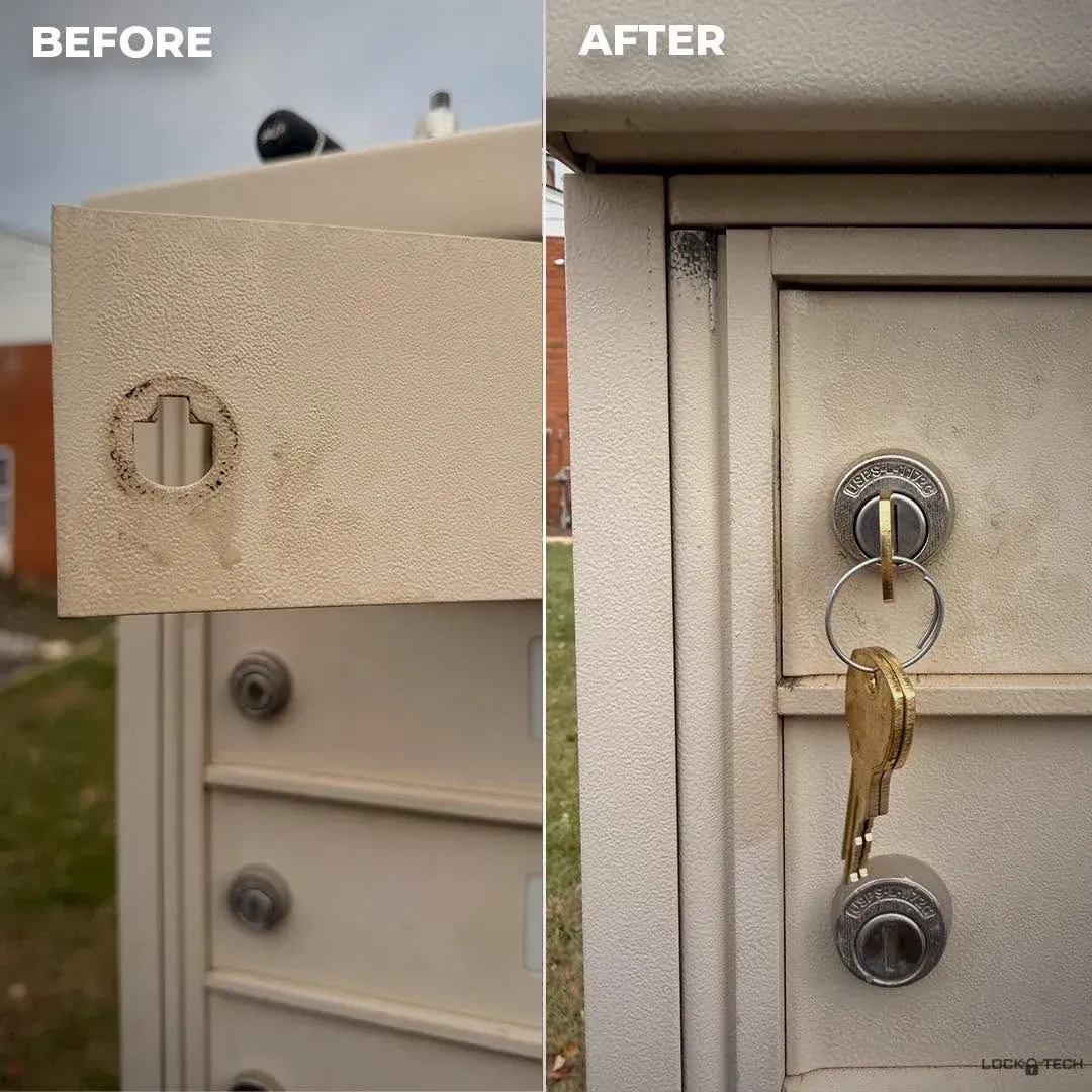 Before and after of a damaged cabinet lock replaced with a new keyed cylinder on a metal cabinet