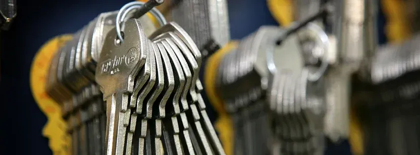 Rows of freshly cut keys hanging on a key rack in the Lock-Tech shop