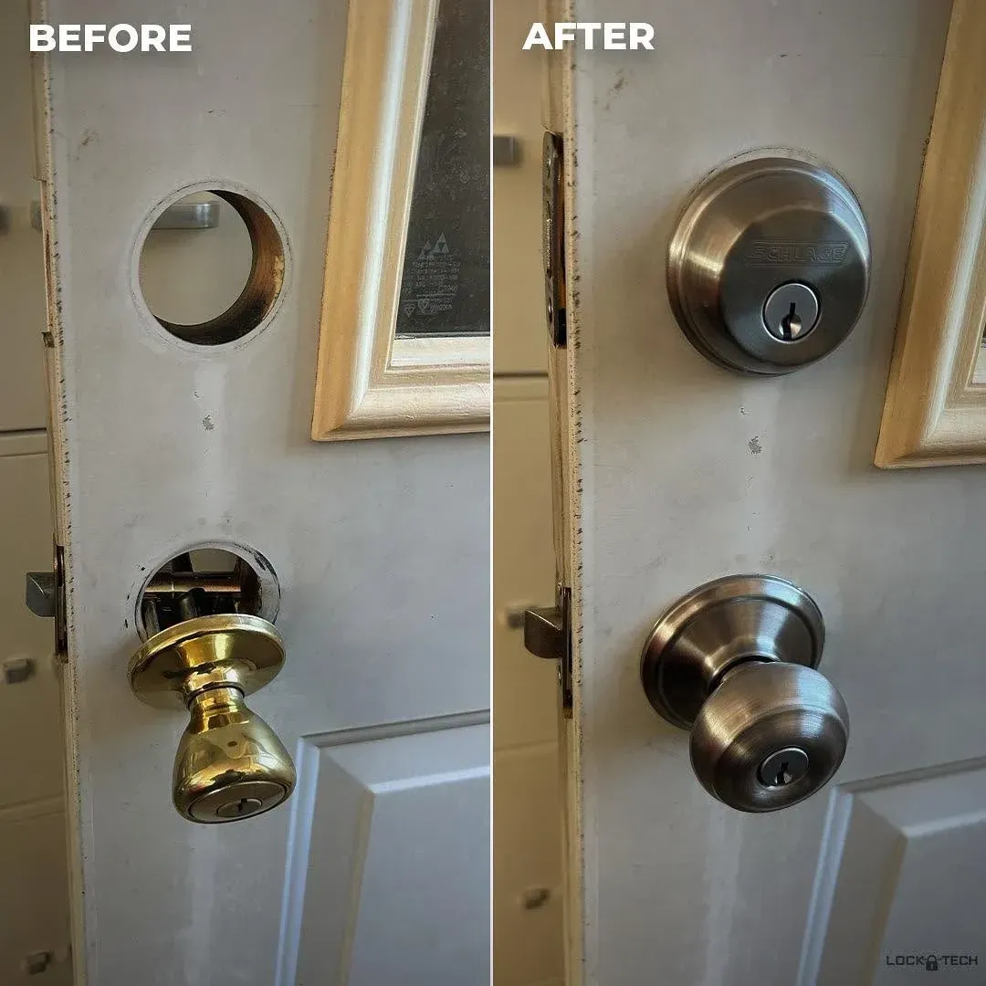 Before and after of an old brass knob lock replaced with a new satin nickel deadbolt and knob set