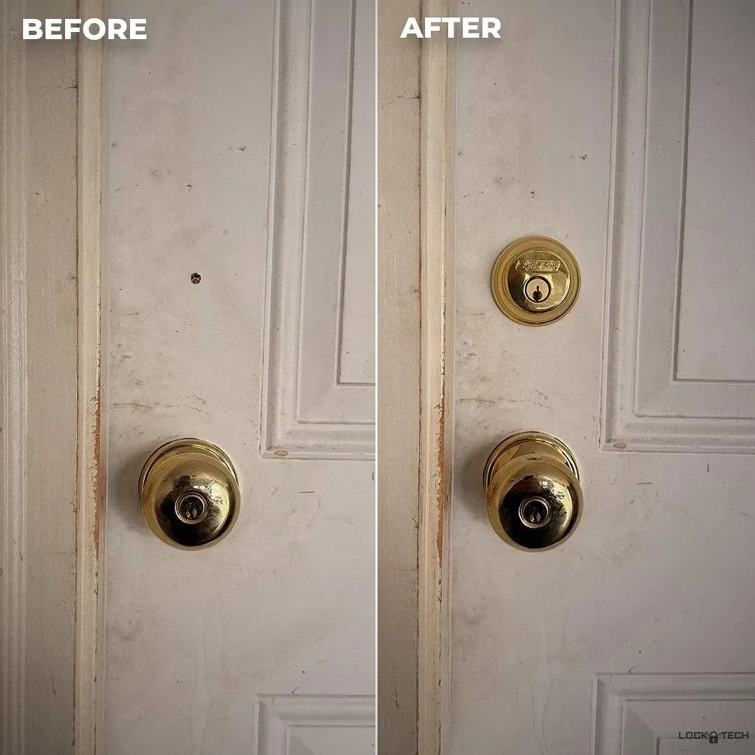 Before and after of a white door fitted with two new brass deadbolts