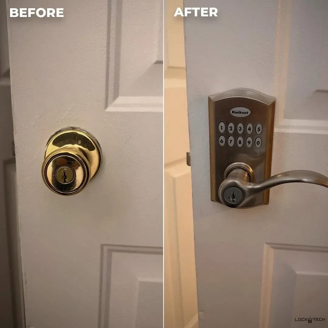 Before and after of a brass knob lock upgraded to a keypad electronic deadbolt with lever handle