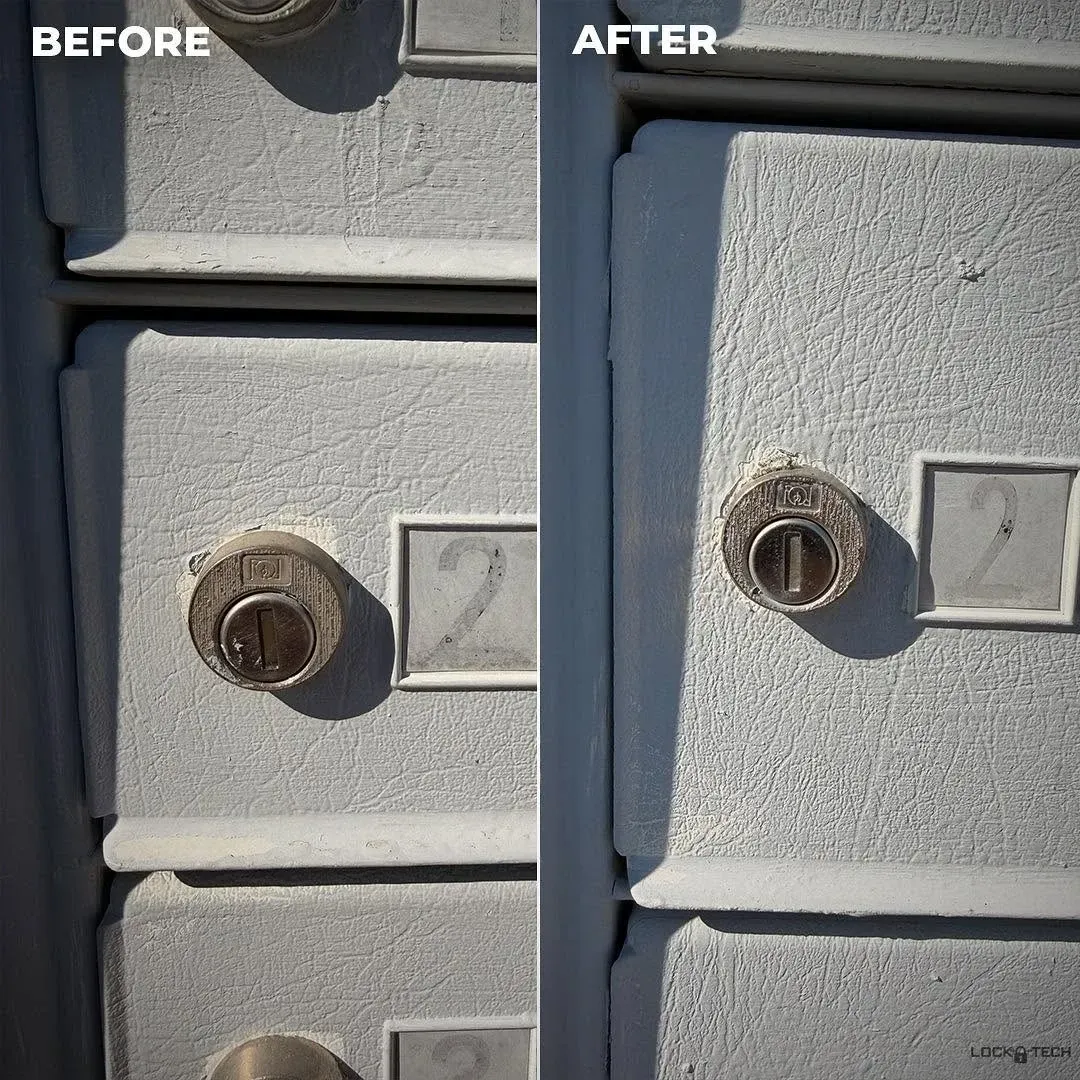 Before and after of worn mailbox cluster locks replaced with new keyed cylinders