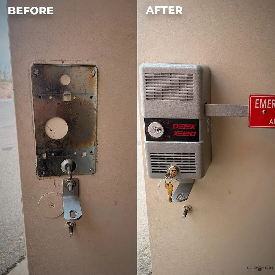 Before and after of an old exit device replaced with a new alarmed panic bar and emergency exit signage
