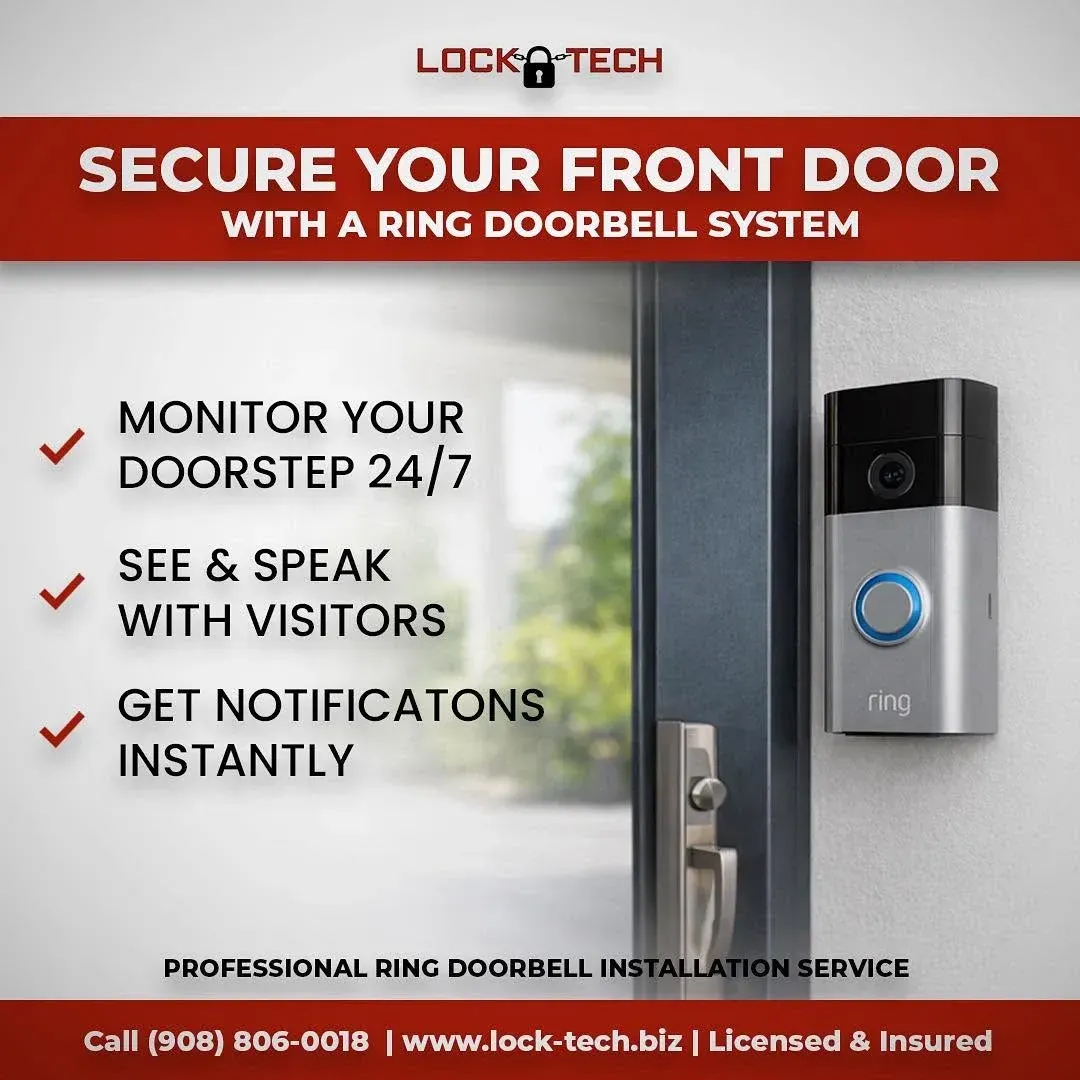 Ring video doorbell professionally installed on a front door by Lock-Tech