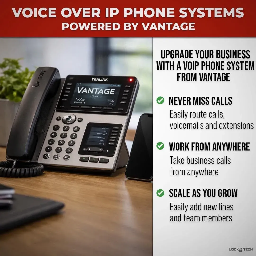 Vantage VoIP desk phone for business phone systems supplied and installed by Lock-Tech