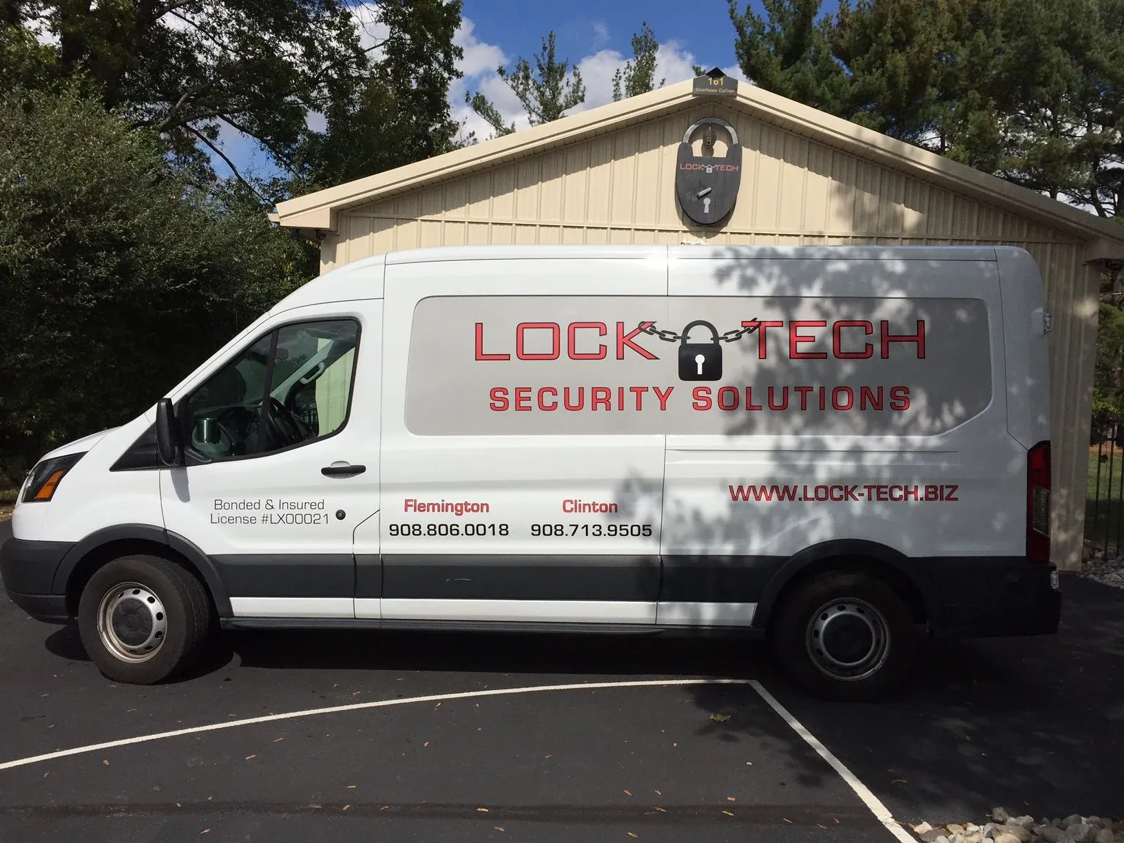 Lock-Tech Security Solutions van parked at the Flemington, NJ shop, ready for overnight locksmith calls
